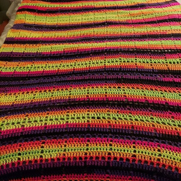 Handmade Neon Crochet Blanket Throw Vibrant Striped Pattern Multi-Color Soft Lig - Picture 4 of 8